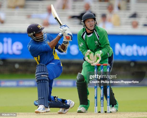 Sri Lanka's Mahela Jayawardene hits a six during his innings of 78 in the ICC World Twenty20 Super Eight match between Ireland and Sri Lanka at...