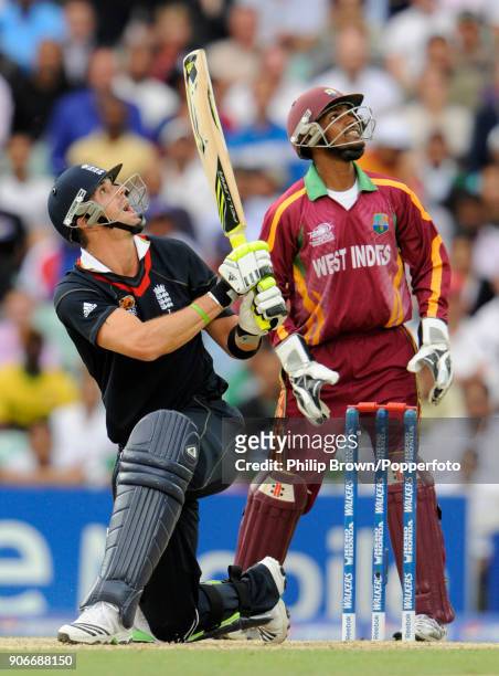 England batsman Kevin Pietersen hits the ball in the air only to be caught for 31 runs during the ICC World Twenty20 Super Eight match between...