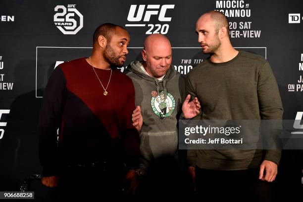 Light heavyweight champion Daniel Cormier and Volkan Oezdemir of Switzerland face off during the UFC 220 Ultimate Media Day at Fenway Park on January...