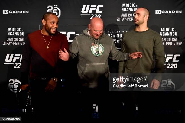 Light heavyweight champion Daniel Cormier and Volkan Oezdemir of Switzerland face off during the UFC 220 Ultimate Media Day at Fenway Park on January...