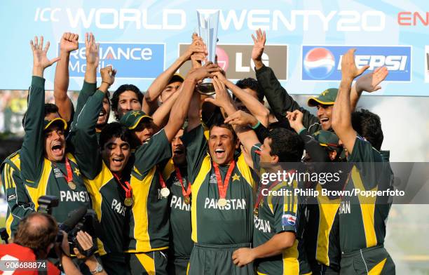 Pakistan captain Younis Khan lifts the trophy as the Pakistan team celebrates winning the ICC World Twenty20 Final between Pakistan and Sri Lanka by...