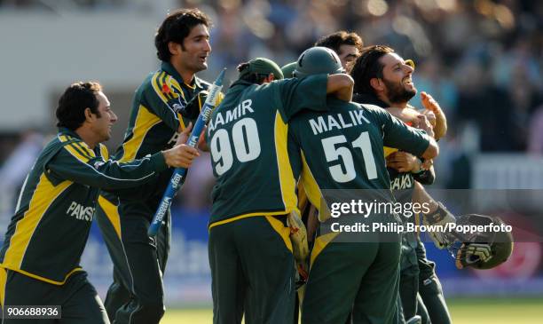 Pakistan batsman Shahid Afridi celebrates with teammates as Pakistan win the ICC World Twenty20 Final between Pakistan and Sri Lanka by 8 wickets at...