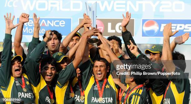 Pakistan captain Younis Khan lifts the trophy as the Pakistan team celebrates winning the ICC World Twenty20 Final between Pakistan and Sri Lanka by...