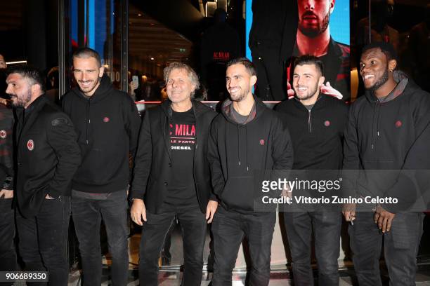 Gennaro Gattuso, Leonardo Bonucci, Renzo Rosso, Susa, Patrick Cutrone and Franck Kessie attend DIESEL X A.C. MILAN SPECIAL COLLECTION on January 18,...