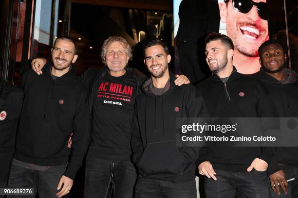 Leonardo Bonucci, Renzo Rosso, Suso, Patrik Cutron and Franck Kessie attend DIESEL X A.C. MILAN SPECIAL COLLECTION on January 18, 2018 in Milan,...
