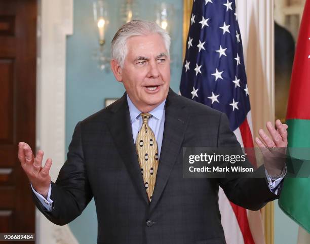 Secretary of State Rex Tillerson speaks to the media during a meeting with Jordanian Foreign Minister Ayman Safadi, at the State Department, on...