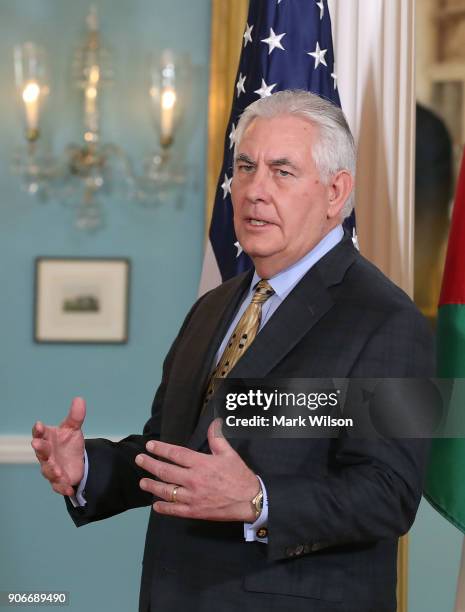 Secretary of State Rex Tillerson speaks to the media during a meeting with Jordanian Foreign Minister Ayman Safadi, at the State Department, on...