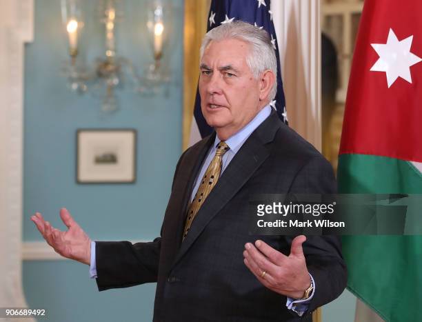 Secretary of State Rex Tillerson speaks to the media during a meeting with Jordanian Foreign Minister Ayman Safadi, at the State Department, on...