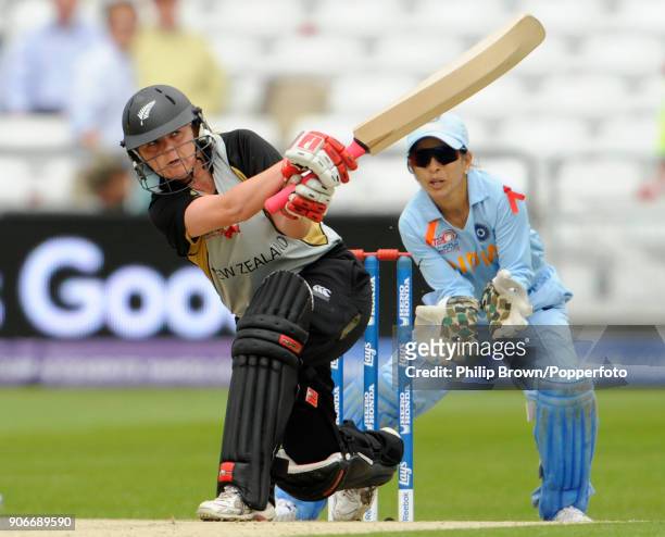 New Zealand's Lucy Doolan hits the ball in the air before being caught for 3 runs during the ICC Women's World Twenty20 Semi Final between India...