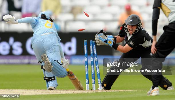 India's Reema Malhotra is run out by New Zealand wicketkeeper Rachel Priest during the ICC Women's World Twenty20 Semi Final between India Women and...