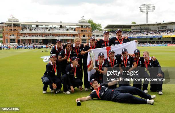 The England Women team celebrate during a lap of honour after winning the ICC Women's World Twenty20 Final between England Women and New Zealand...