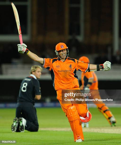 Netherlands batsman Edgar Schiferli celebrates as Netherlands win the ICC World Twenty20 group match between England and Netherlands at Lord's...