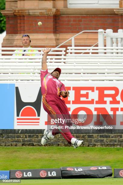 West Indies fielder Kieron Pollard attempts to catch a shot from Yusuf Pathan of India during the ICC World Twenty20 Super Eight match between India...