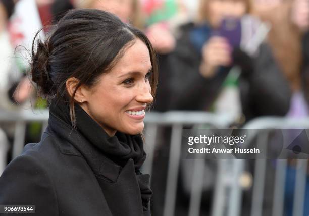 Meghan Markle smiles during a visit Cardiff Castle with Prince Harry on January 18, 2018 in Cardiff, Wales.
