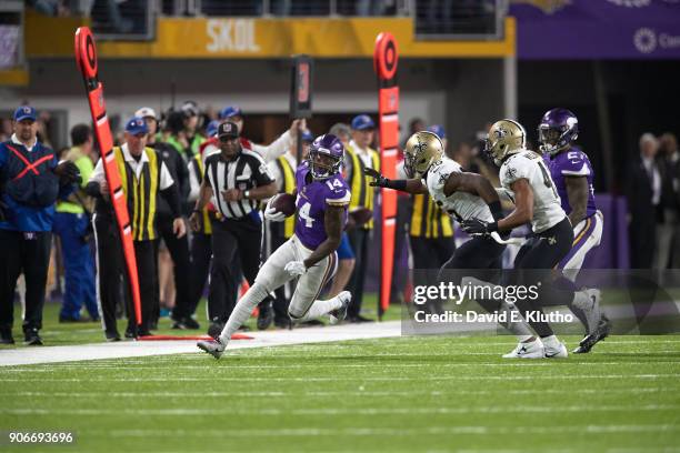 Minnesota Vikings Stefon Diggs in action vs New Orleans Saints Marcus Williams and Rafael Bush at US Bank Stadium. Minneapolis, MN 1/14/2018 CREDIT:...