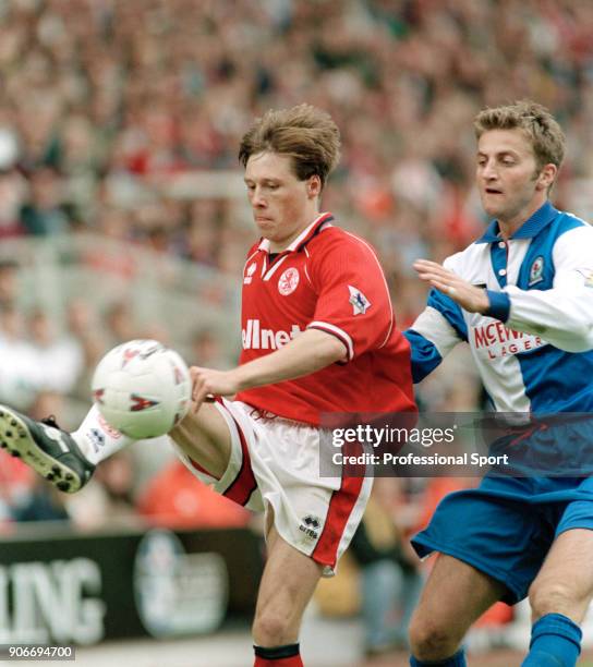 Tim Sherwood of Blackburn Rovers closes down Nick Barmby of Middlesbrough during an FA Carling Premiership match at the Riverside Stadium on...