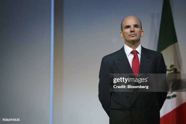 Jose Antonio Gonzalez Anaya, Mexico's finance minister, stands during a news conference with Bill Morneau, Canada's finance minister, not pictured,...