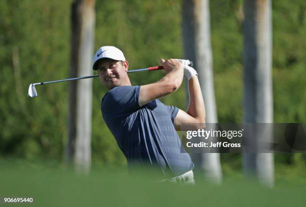 Harris English tees off on the ninth hole during the first round of the CareerBuilder Challenge at La Quinta Country Club on January 18, 2018 in La...