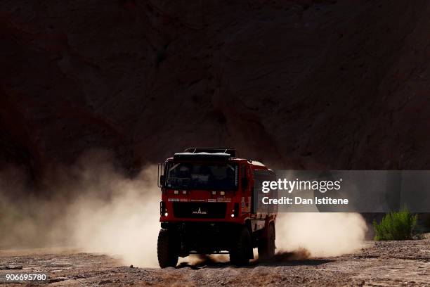 Siarhei Viazovich of Belarus and MAZ-SPORTauto drives with co-driver Pavel Haranin of Belarus and mechanic Andrei Zhyhulin of Belarus in a 5309RR MAZ...
