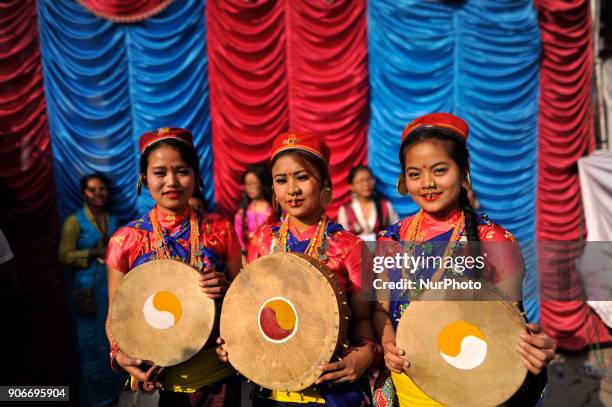 Tamang Girls in a traditional attire participate in the celebration of Sonam Losar festival or Lunar New Year, which occurs around the same time of...