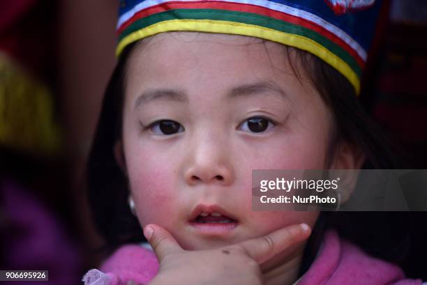 Portrait of little girl particiate in celebration of Sonam Losar festival or Lunar New Year, which occurs around the same time of year as does...