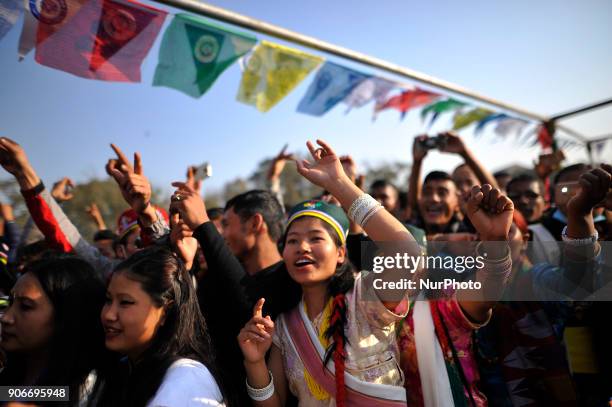 Tamang girls enjoying cultural dance during celebration of Sonam Losar festival or Lunar New Year, which occurs around the same time of year as does...