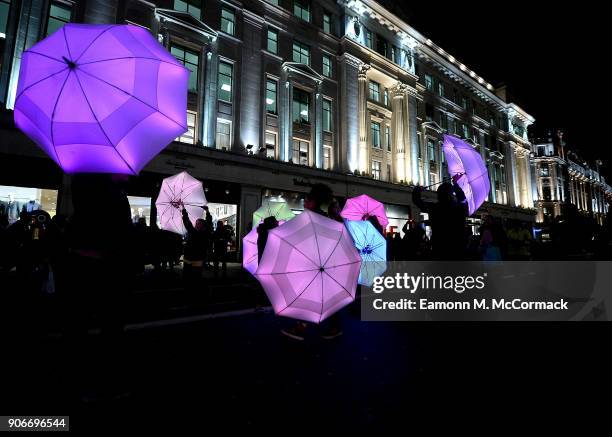 General views of Frictions by Mader Wiermann on 103 Regent Street on January 18, 2018 in London, England. Iconic landmarks in London's West End light...