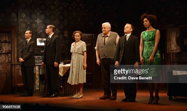 Tom Vaughan-Lawlor, Stephen Mangan, Zoe Wanamaker, Peter Wight, Toby Jones and Pearl Mackie bow at the curtain call during the press night...