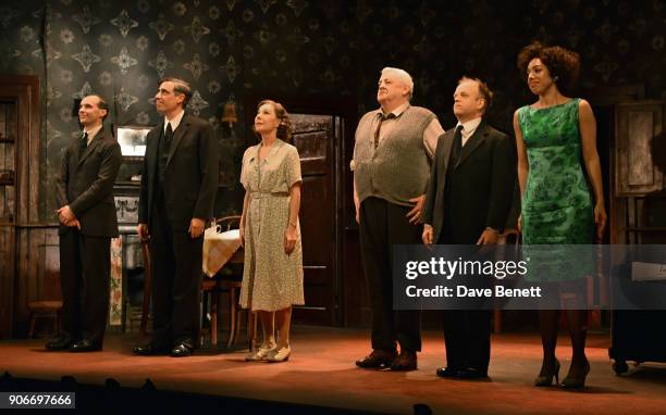 Tom Vaughan-Lawlor, Stephen Mangan, Zoe Wanamaker, Peter Wight, Toby Jones and Pearl Mackie bow at the curtain call during the press night...