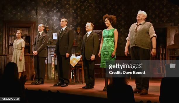 Zoe Wanamaker, Tom Vaughan-Lawlor, Stephen Mangan, Toby Jones, Pearl Mackie and Peter Wight bow at the curtain call during the press night...