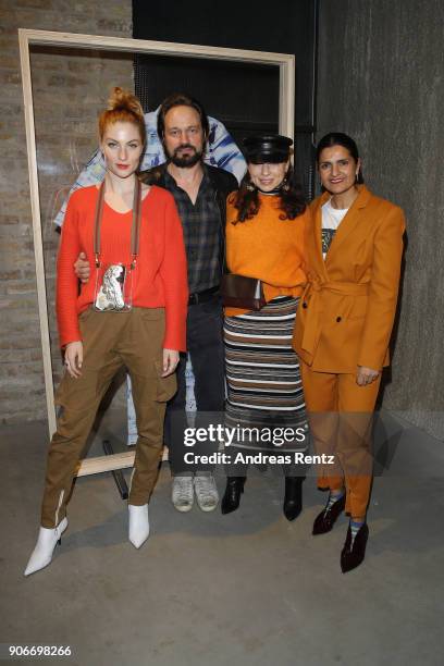 Lisa Banholzer, Mario Eimuth, a guest and designer Leyla Piedayesh attends the Lala Berlin X Koenig Souvenir event during 'Der Berliner Salon' AW...