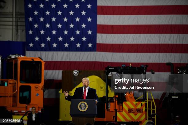 President Donald Trump speaks to supporters at a rally at H&K Equipment, a rental and sales company for specialized material handling solutions on...