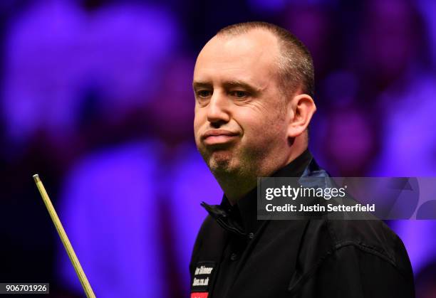 Mark Williams of Wales reacts during his match against Kyren Wilson of England during The Dafabet Masters on Day Five at Alexandra Palace on January...