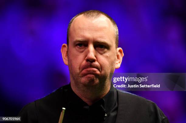 Mark Williams of Wales reacts during his match against Kyren Wilson of England during The Dafabet Masters on Day Five at Alexandra Palace on January...