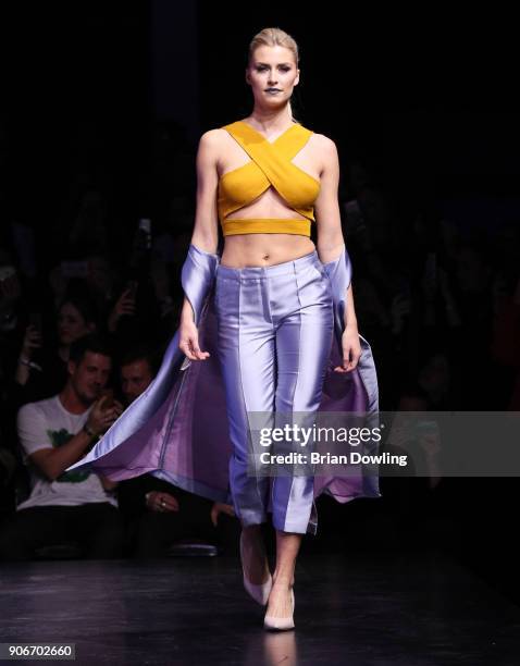 Lena Gercke walks the runway during the Maybelline Show 'Urban Catwalk - Faces of New York' at Vollgutlager on January 18, 2018 in Berlin, Germany.