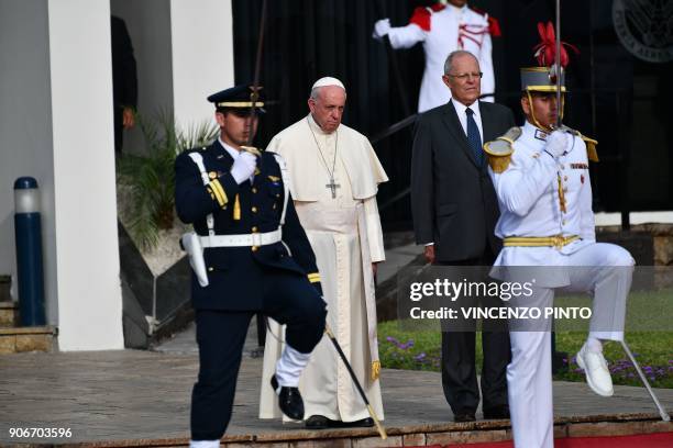 Peruvian President Pedro Pablo Kuczynski welcomes Pope Francis to Peru at an air force base in Lima on January 18, 2018. Pope Francis headed Thursday...