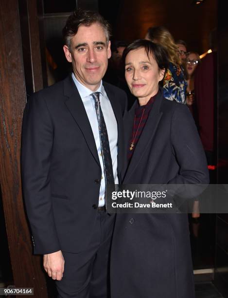 Stephen Mangan and Dame Kristin Scott Thomas attend the press night after party for "The Birthday Party" at Mint Leaf on January 18, 2018 in London,...