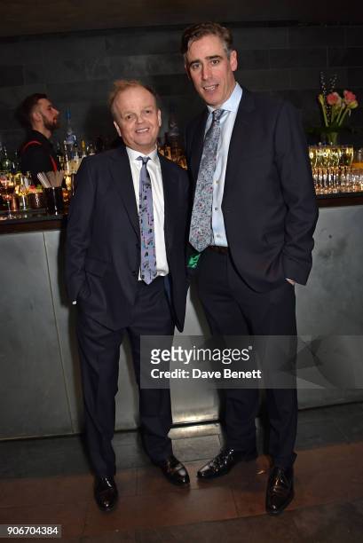 Toby Jones and Stephen Mangan attend the press night after party for "The Birthday Party" at Mint Leaf on January 18, 2018 in London, England.