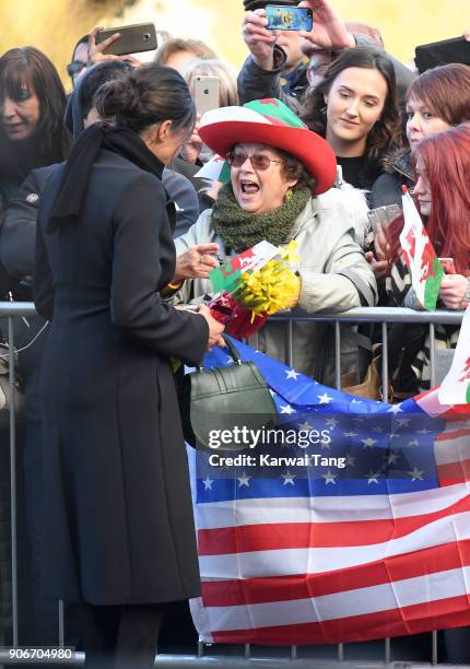 Meghan Markle during a walkabout at Cardiff Castle on January 18, 2018 in Cardiff, Wales.