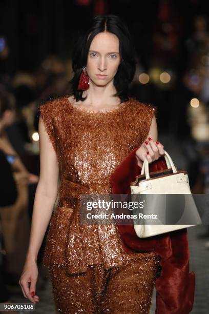Model walks the catwalk at the William Fan Defilee during 'Der Berliner Salon' AW 18/19 on January 18, 2018 in Berlin, Germany.