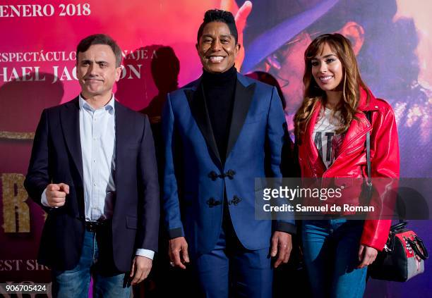 Jermaine Jackson, Jose Mota and Grecia Castta attend the "Forever Jackson" Madrid Premiere on January 18, 2018 in Madrid, Spain.
