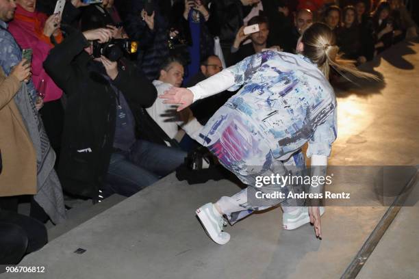 Dancer Leonie Brouwer performs at the Lala Berlin X Koenig Souvenir event during 'Der Berliner Salon' AW 18/19 at Koenig Galerie on January 18, 2018...