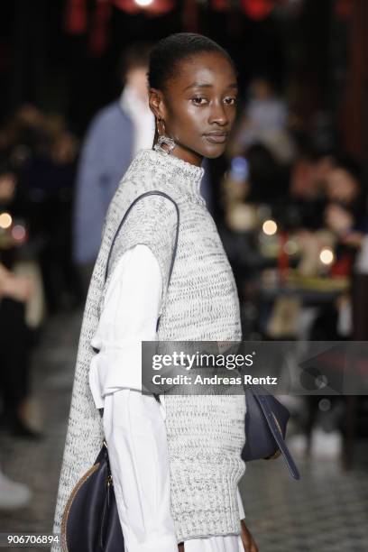 Model walks the catwalk at the William Fan Defilee during 'Der Berliner Salon' AW 18/19 on January 18, 2018 in Berlin, Germany.