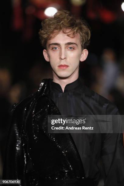 Model walks the catwalk at the William Fan Defilee during 'Der Berliner Salon' AW 18/19 on January 18, 2018 in Berlin, Germany.