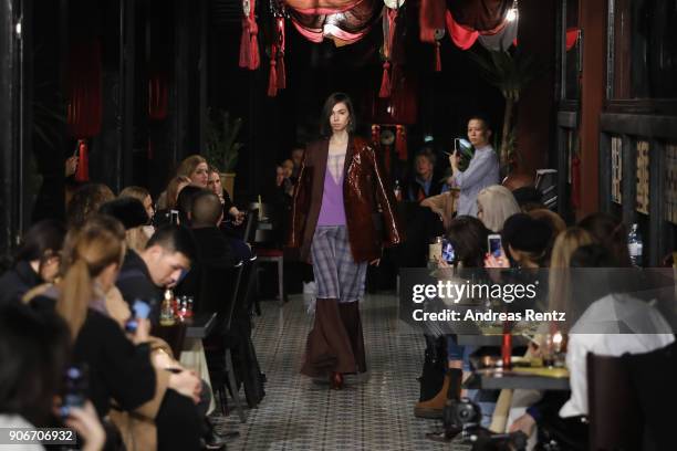 Model walks the catwalk at the William Fan Defilee during 'Der Berliner Salon' AW 18/19 on January 18, 2018 in Berlin, Germany.