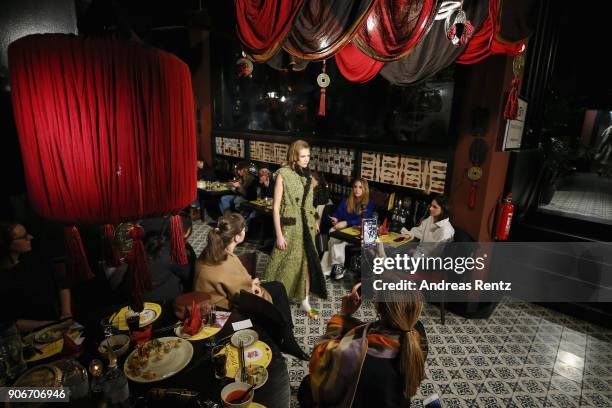 Model walks the catwalk at the William Fan Defilee during 'Der Berliner Salon' AW 18/19 on January 18, 2018 in Berlin, Germany.