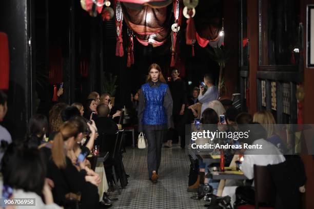 Model walks the catwalk at the William Fan Defilee during 'Der Berliner Salon' AW 18/19 on January 18, 2018 in Berlin, Germany.
