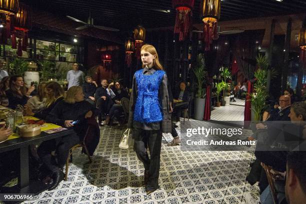 Model walks the catwalk at the William Fan Defilee during 'Der Berliner Salon' AW 18/19 on January 18, 2018 in Berlin, Germany.