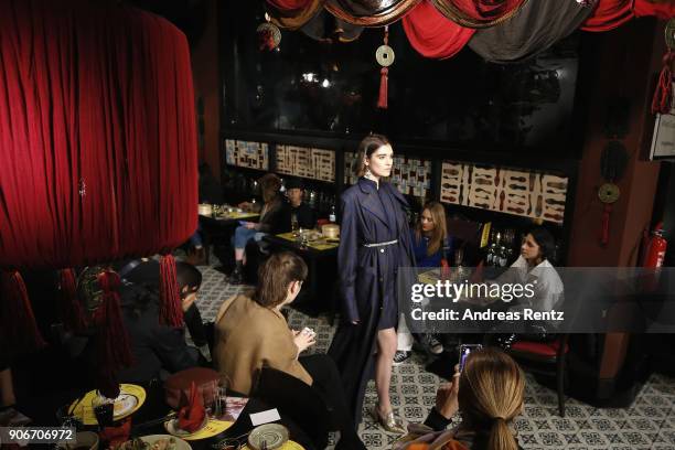Model walks the catwalk at the William Fan Defilee during 'Der Berliner Salon' AW 18/19 on January 18, 2018 in Berlin, Germany.