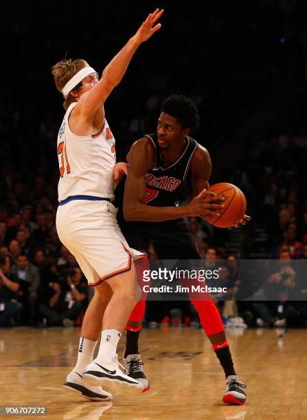 Justin Holiday of the Chicago Bulls in action against Ron Baker of the New York Knicks at Madison Square Garden on January 10, 2018 in New York City....